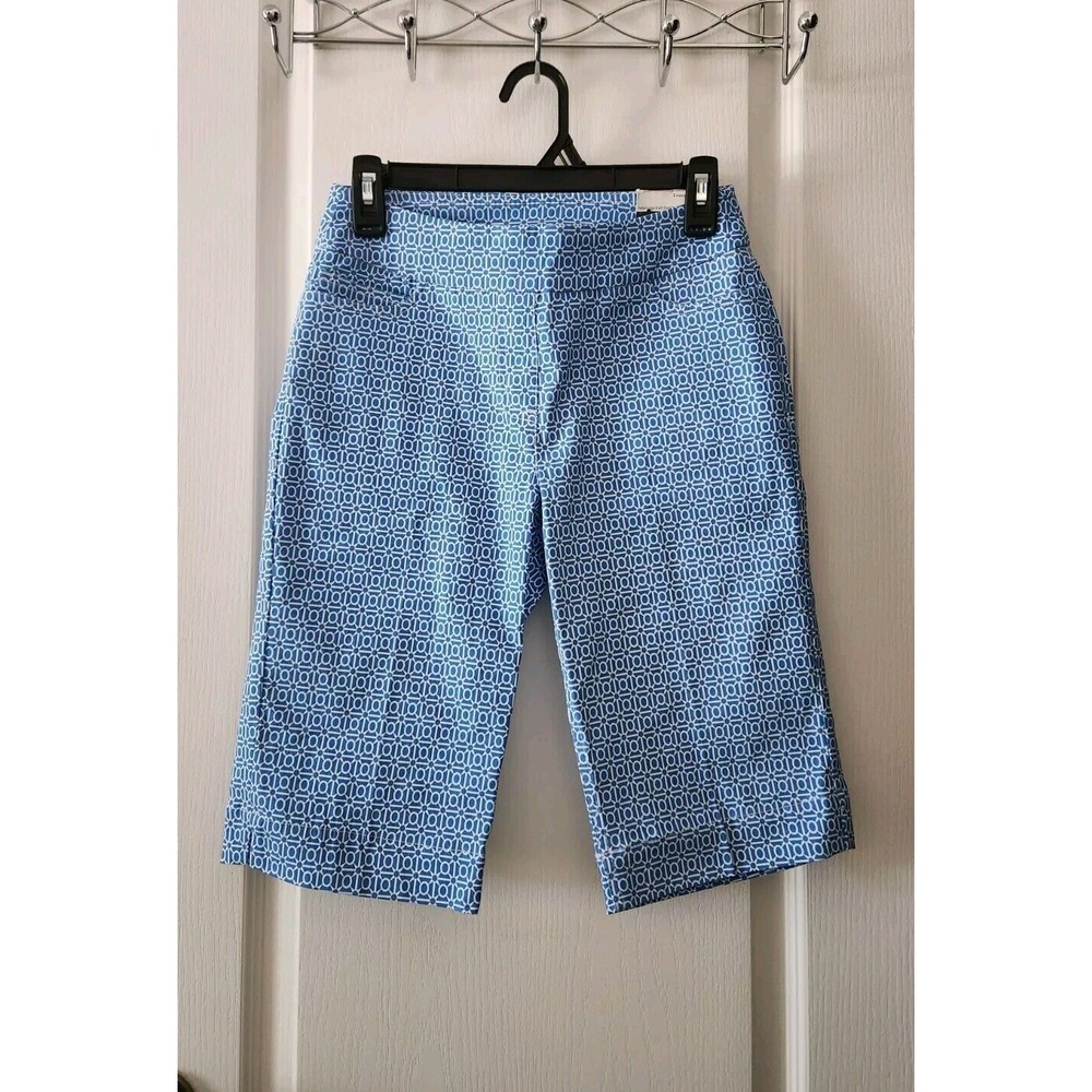 SLIMSATION‎ Women's Golf Walking Shorts Blue White Print Slimming Pull-On Size 2